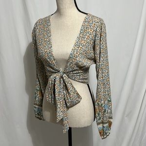 Floral Cotton Boho Deep V Neck Tie Front Size Medium Long Sleeve Top Blue Orange